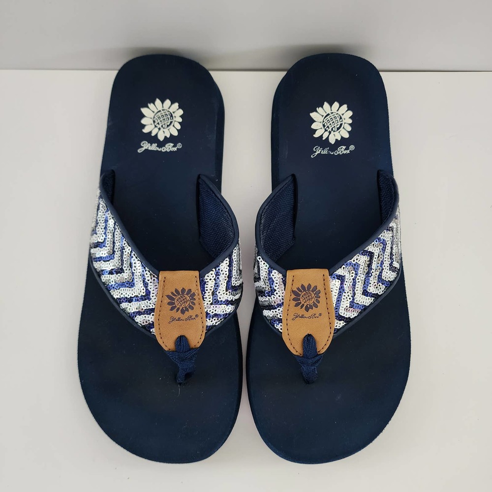 Yellow Box Flip Flops Thong Sandals Navy Blue Silver Sequins Size 9